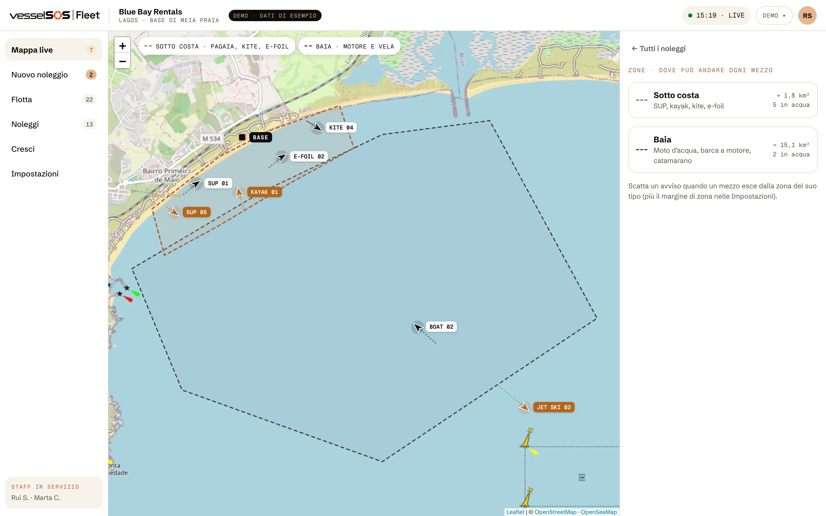 Dashboard Fleet: le zone sotto costa e della baia sulla carta nautica