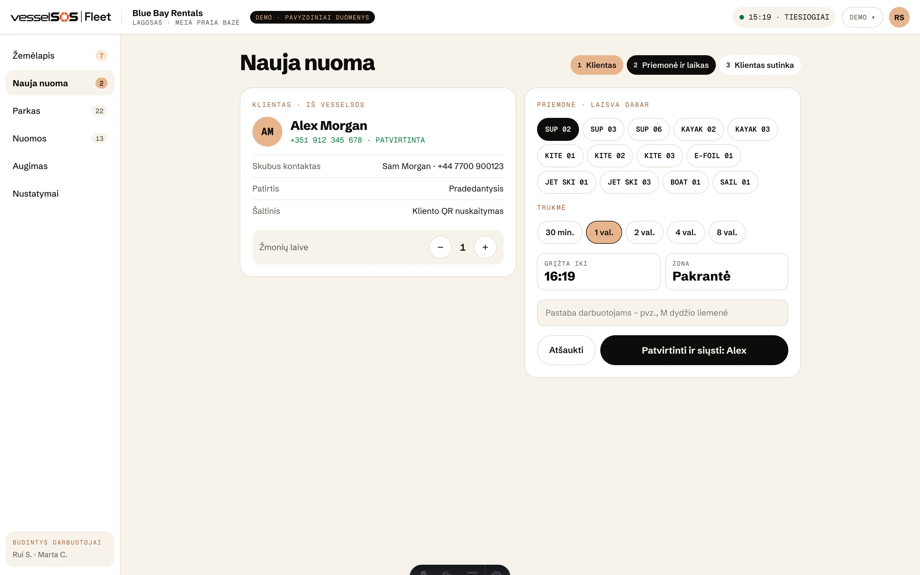 Fleet skydelis: nauja nuoma su klientu iš jo QR kodo, priemone ir grąžinimo laiku