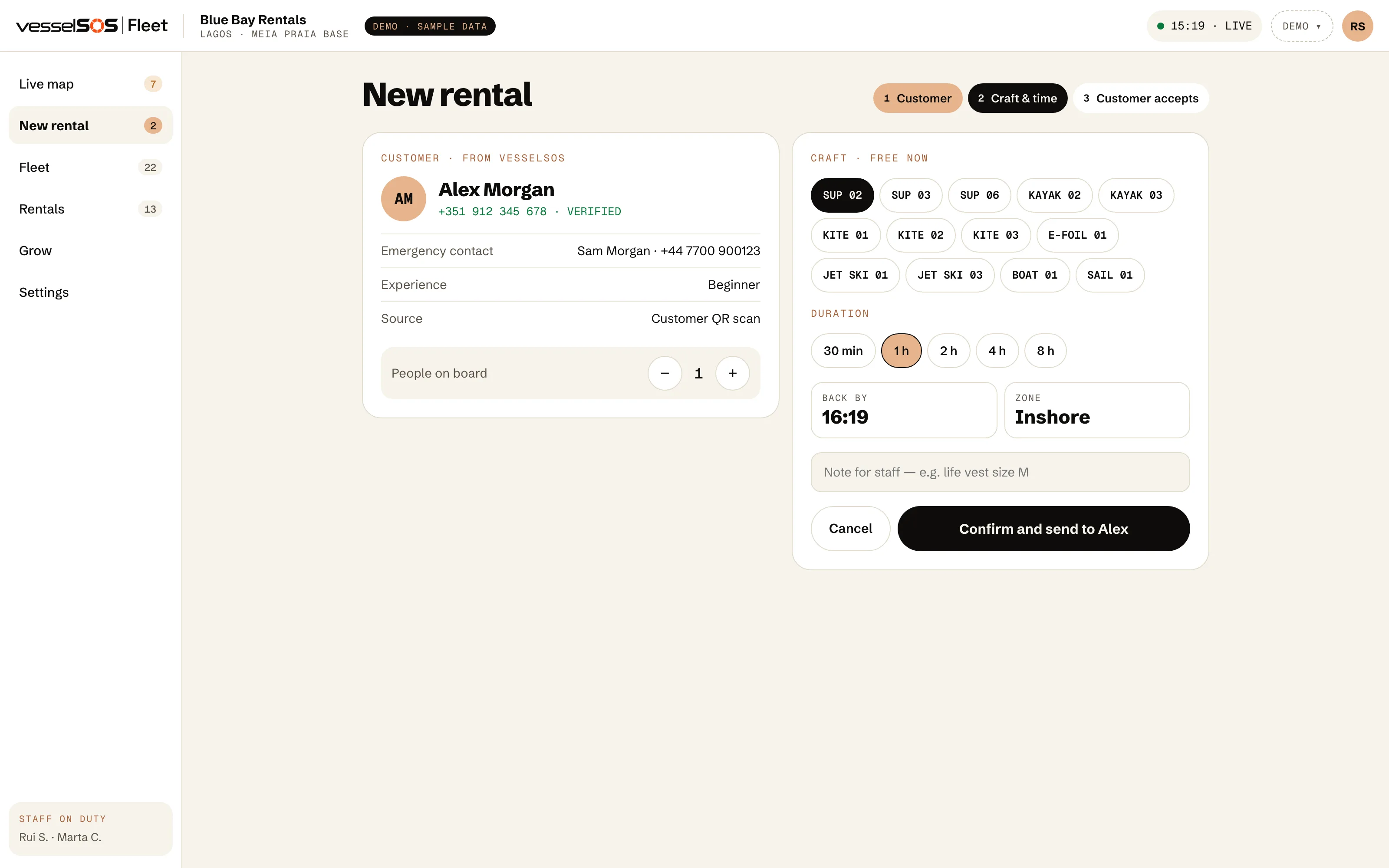 Fleet dashboard: a new rental with the customer from their QR, the craft and the return time