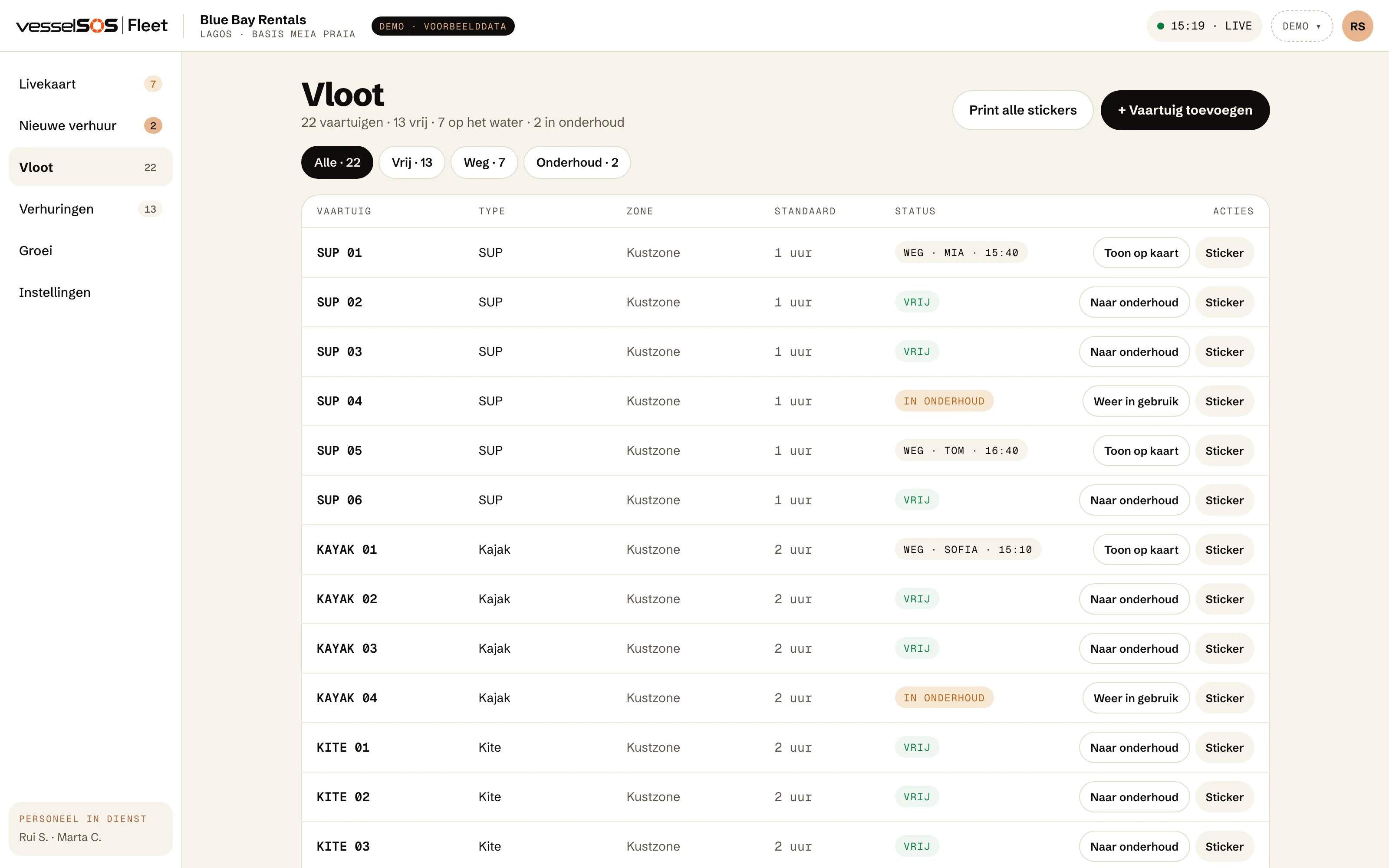 Fleet-dashboard: de vloottabel met elk vaartuig, de status en een stickerknop