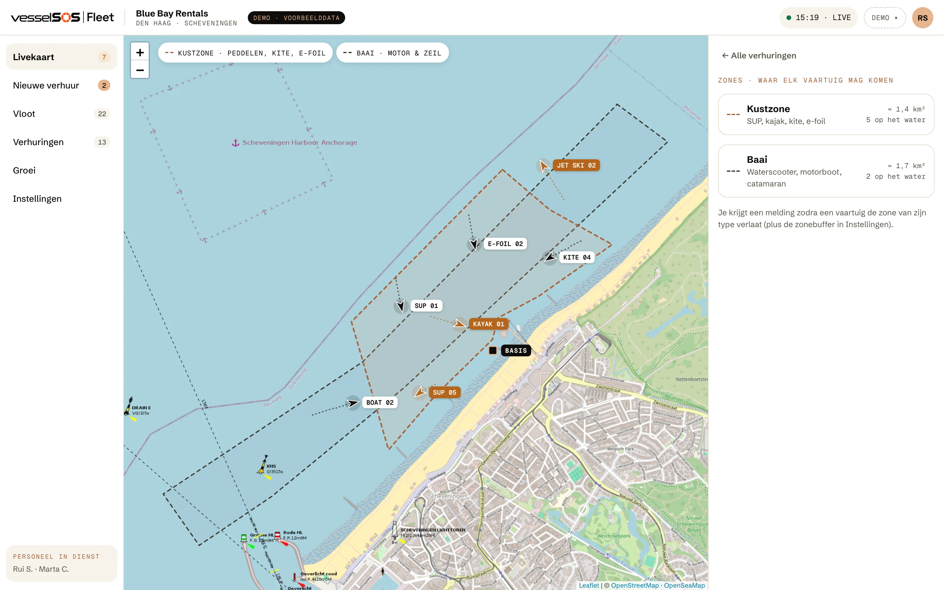 Fleet-dashboard: de kustzone en de baaizone op de zeekaart