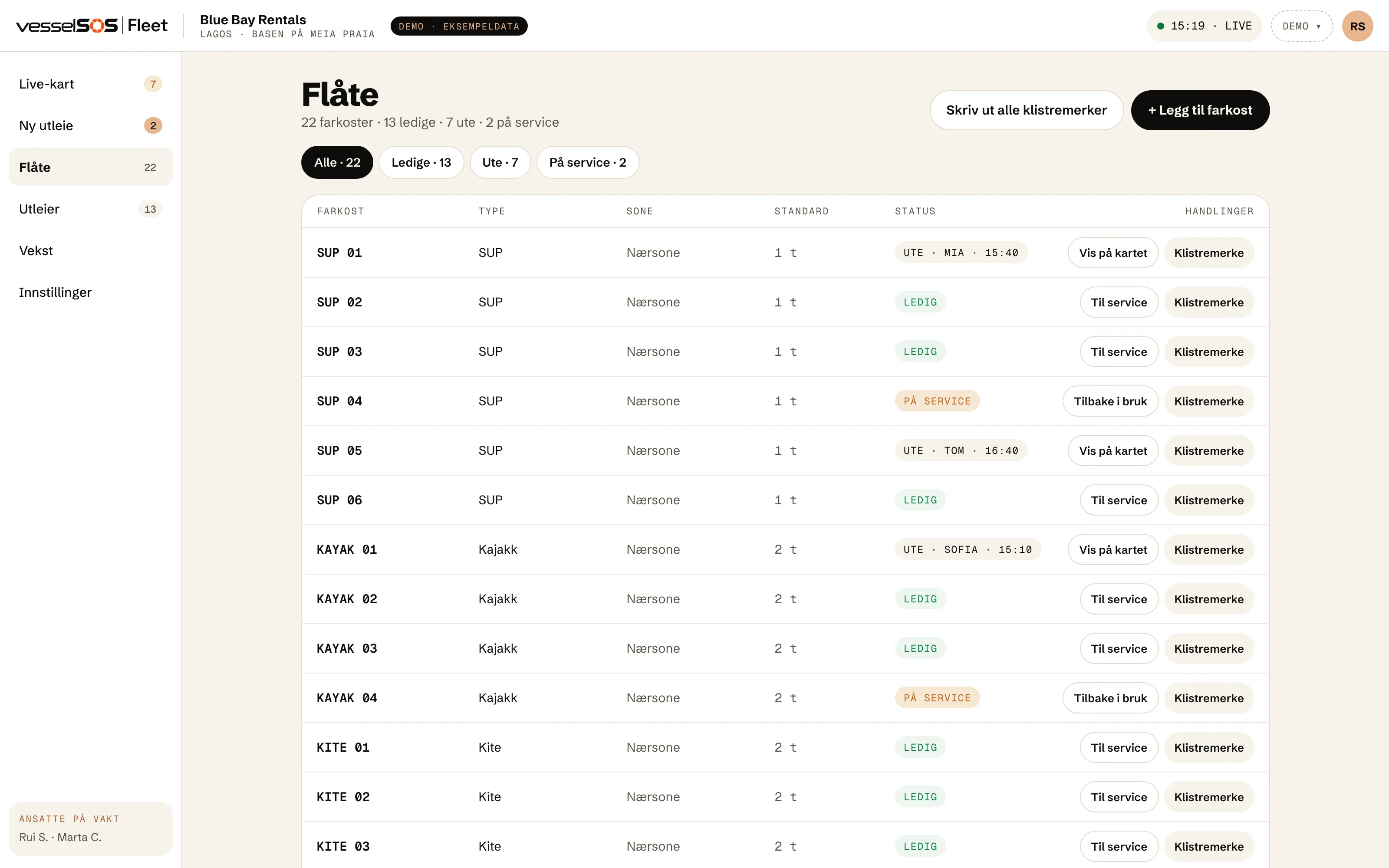 Fleet-dashboard: flåtetabellen med hver farkost, statusen og en knapp for klistremerke