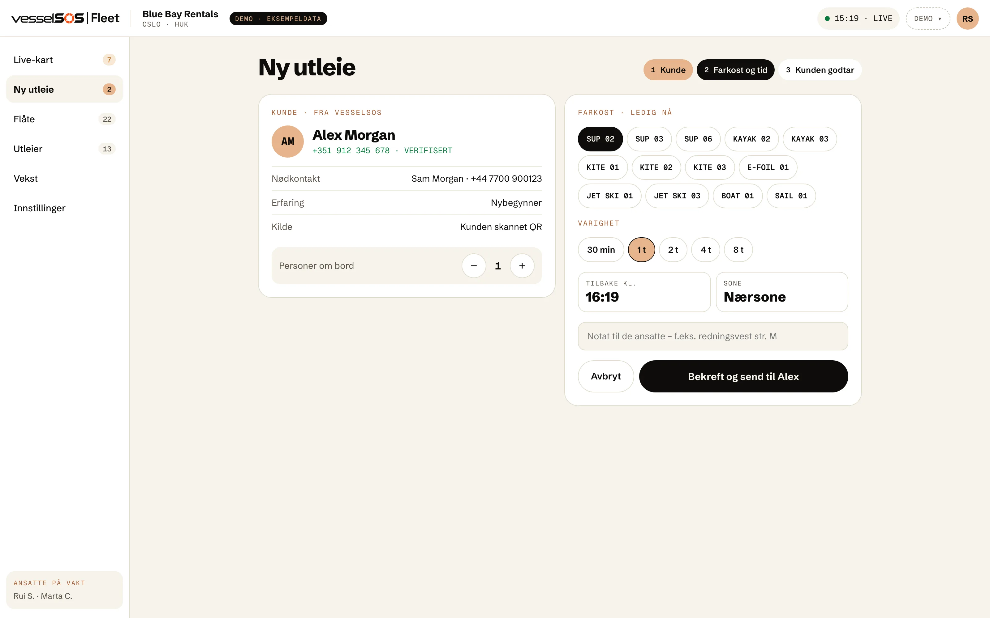 Fleet-dashboard: en ny utleie med kunden fra QR-koden, farkosten og returtiden