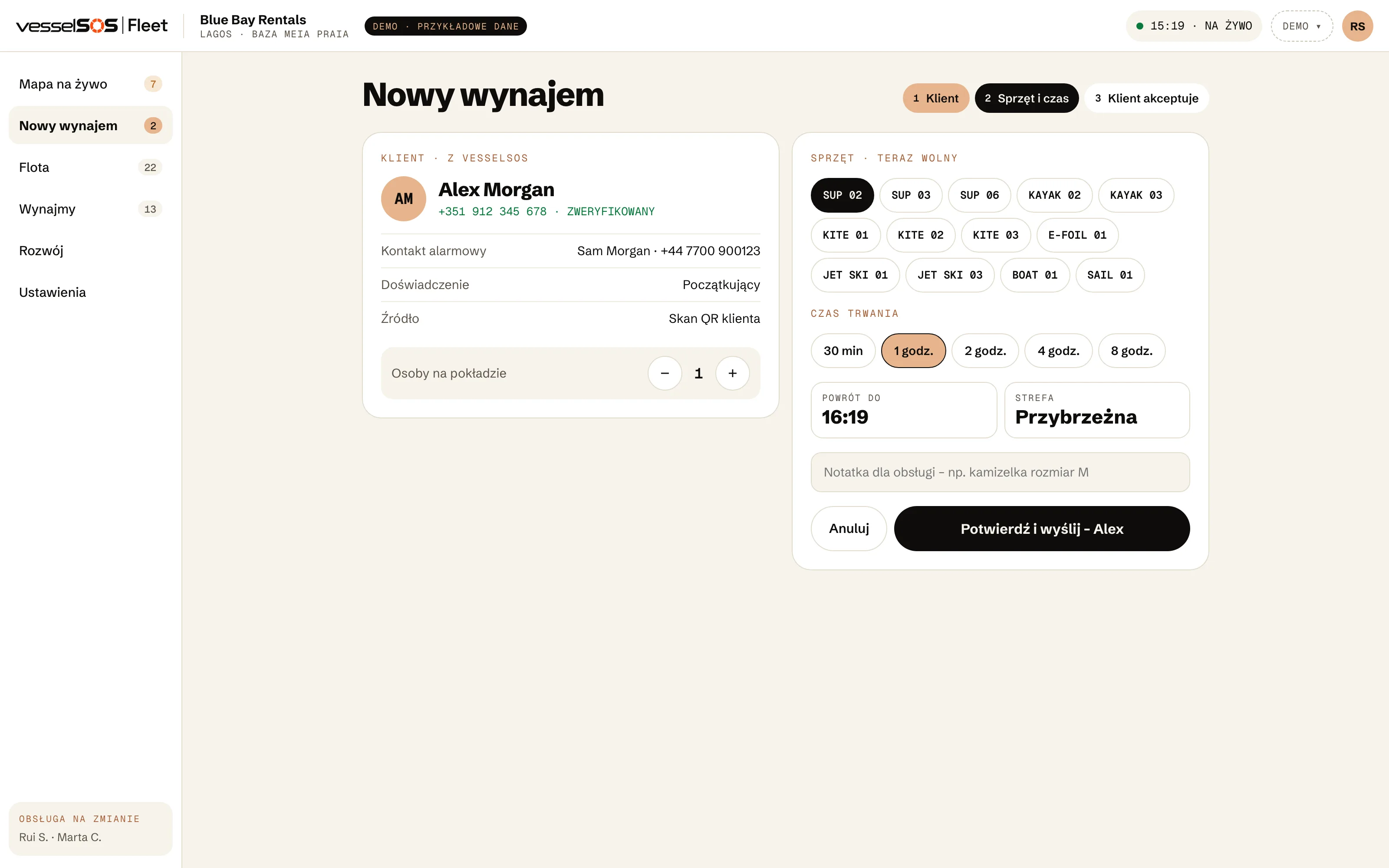 Panel Fleet: nowy wynajem z klientem z jego kodu QR, jednostką i godziną zwrotu