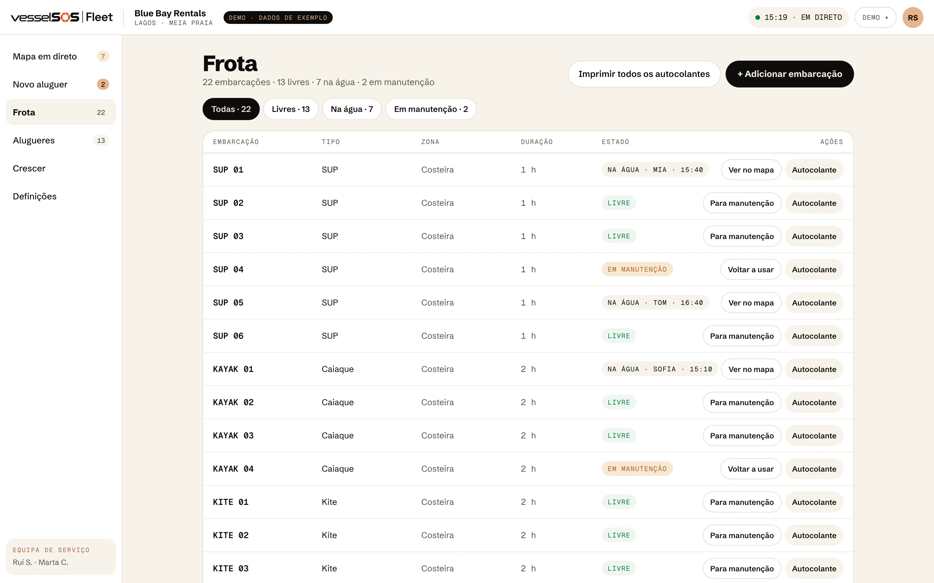 Painel Fleet: a tabela da frota com cada embarcação, o estado e um botão de autocolante