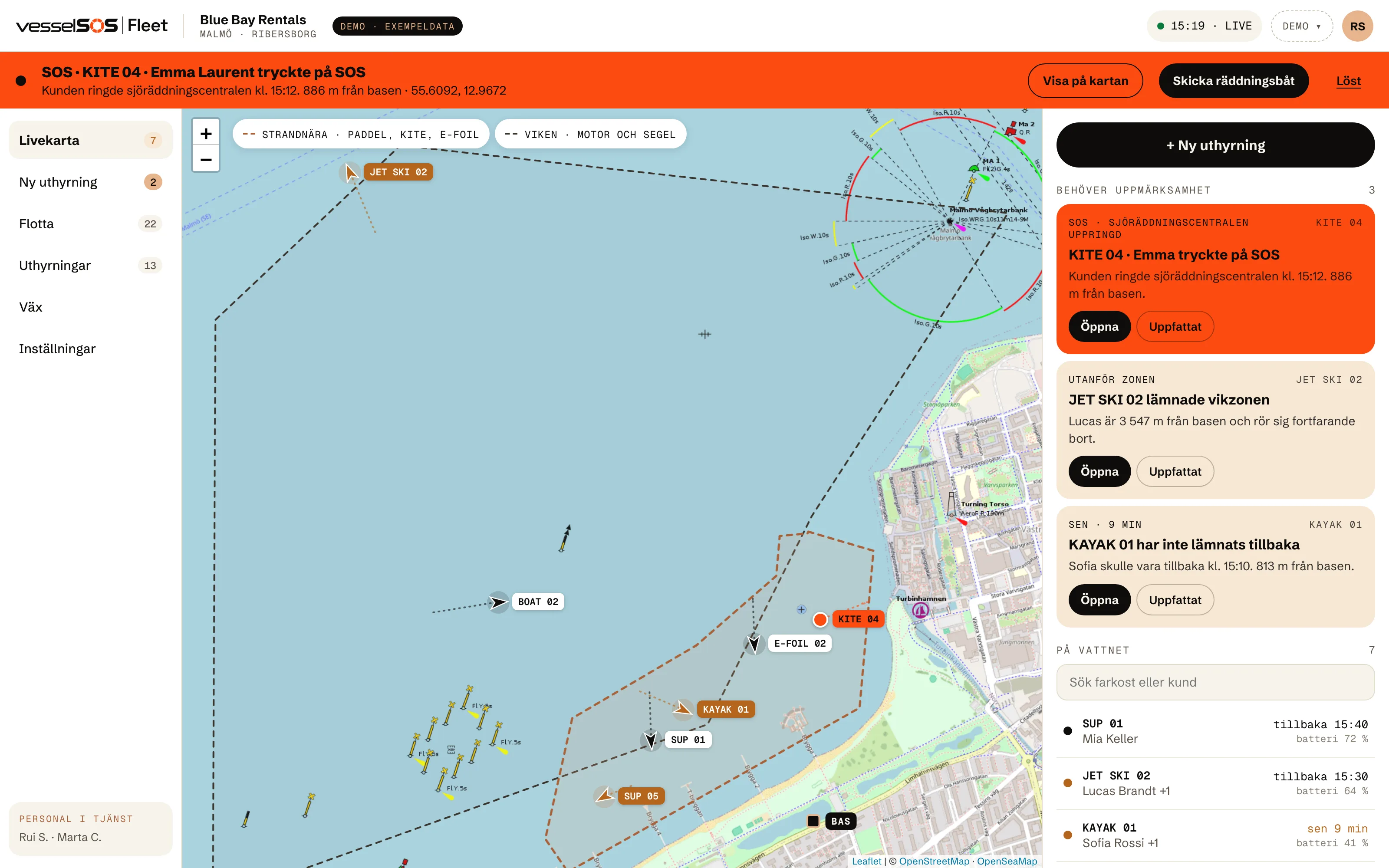 Fleet-dashboard: livekarta med varje uthyrning och larmen som behöver åtgärdas
