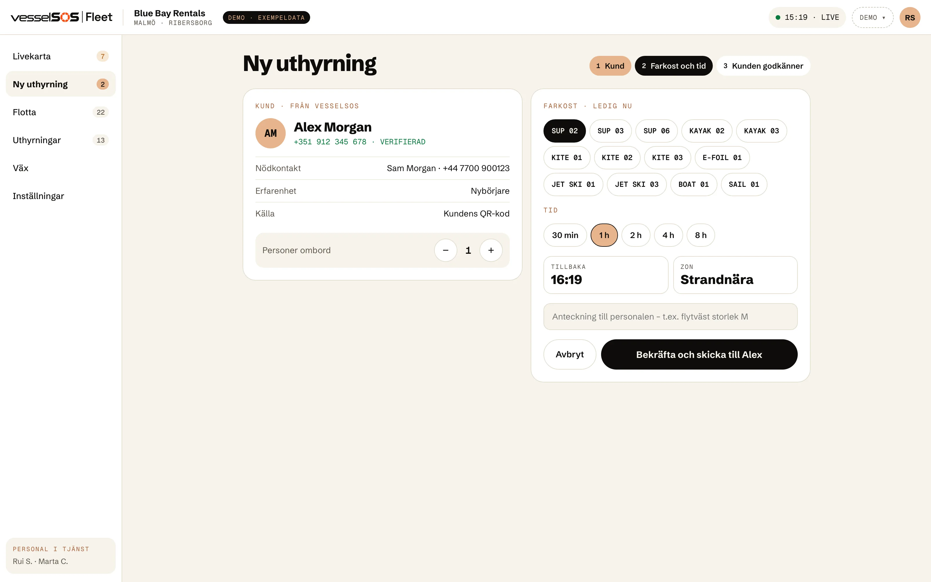 Fleet-dashboard: en ny uthyrning med kunden från QR-koden, farkosten och återlämningstiden