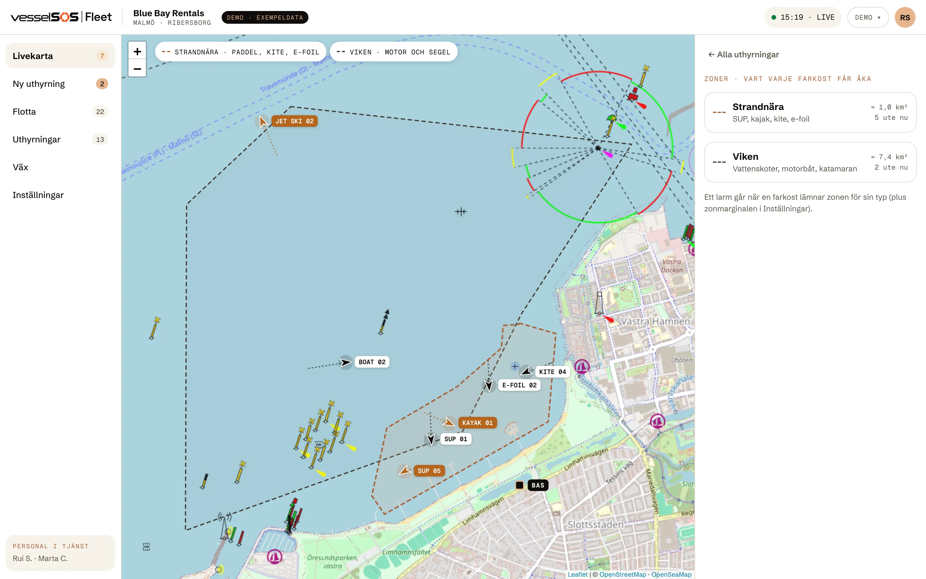Fleet-dashboard: den strandnära zonen och vikzonen på sjökortet