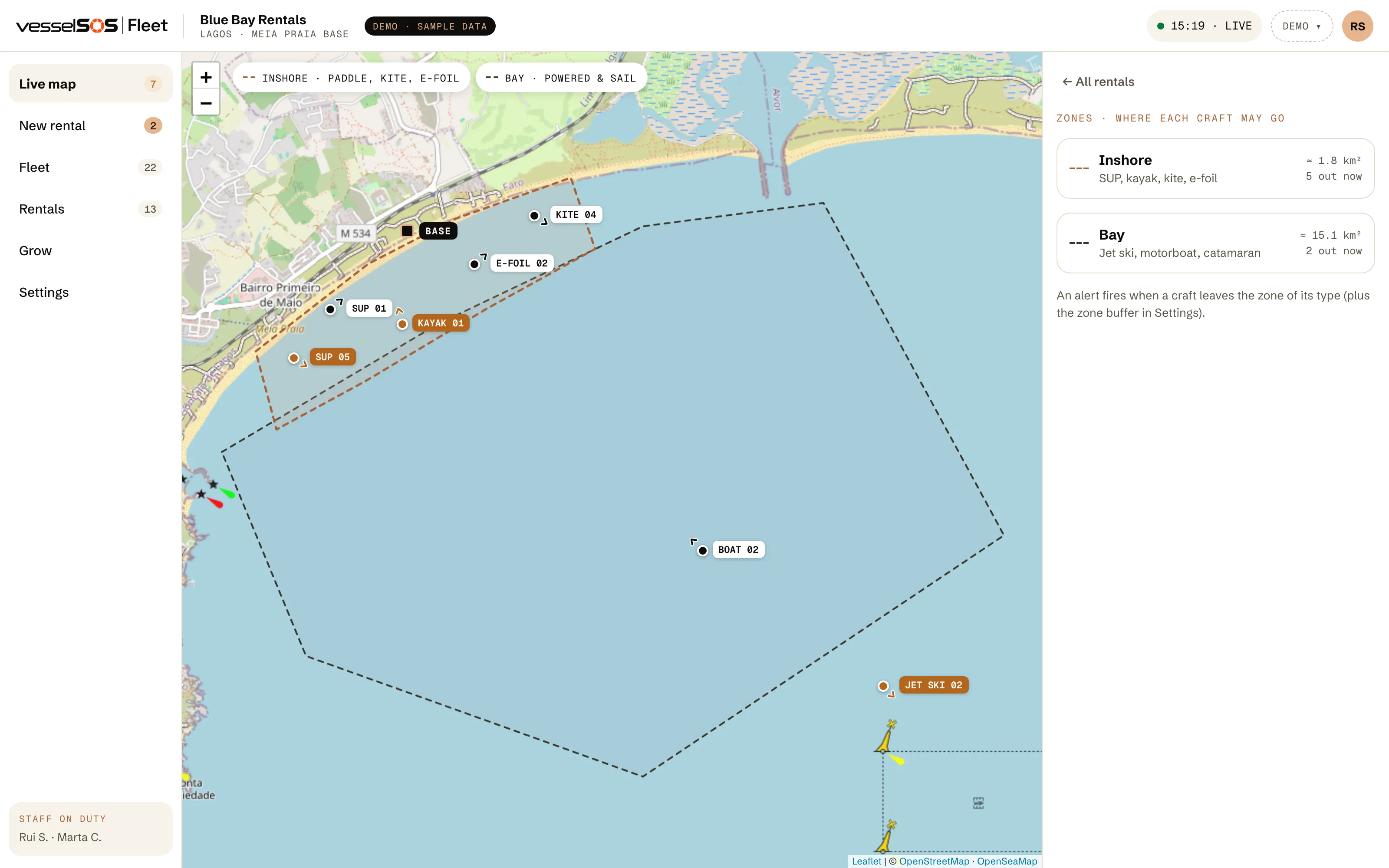 Fleet dashboard: the inshore and bay zones on the sea chart